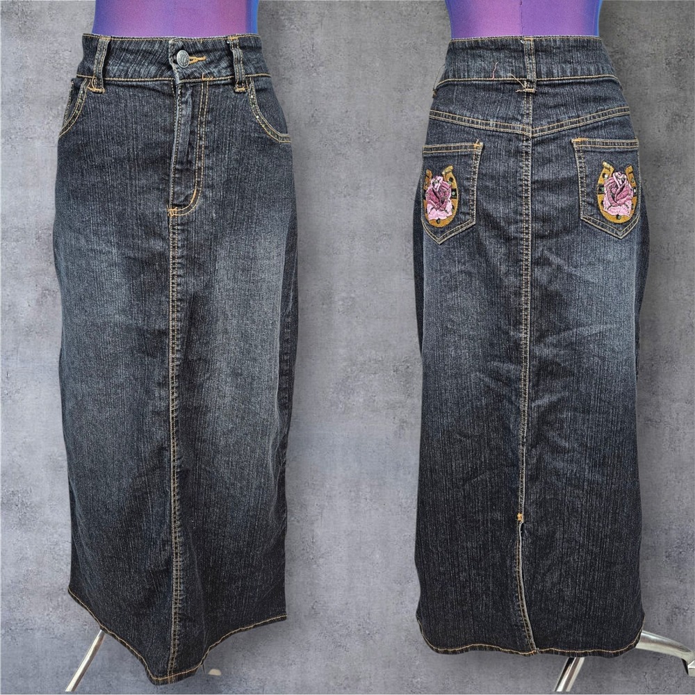 HIP Jeans Denim Maxi Skirt Rose Horseshoe Embroidery Y2K Western Size 7 V47
